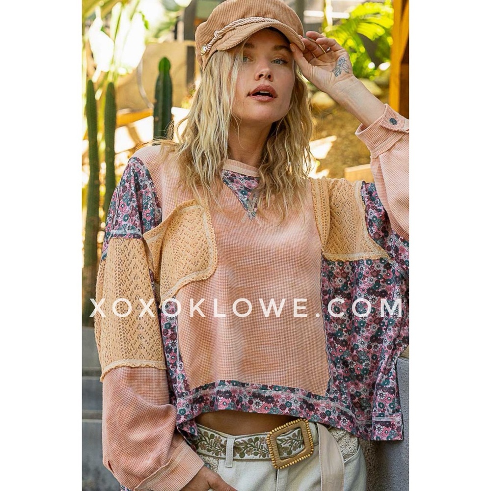 POL Bleach Washed Floral + Lace Waffle Knit oversized Top in Pumpkin Jam - Picture 10 of 11